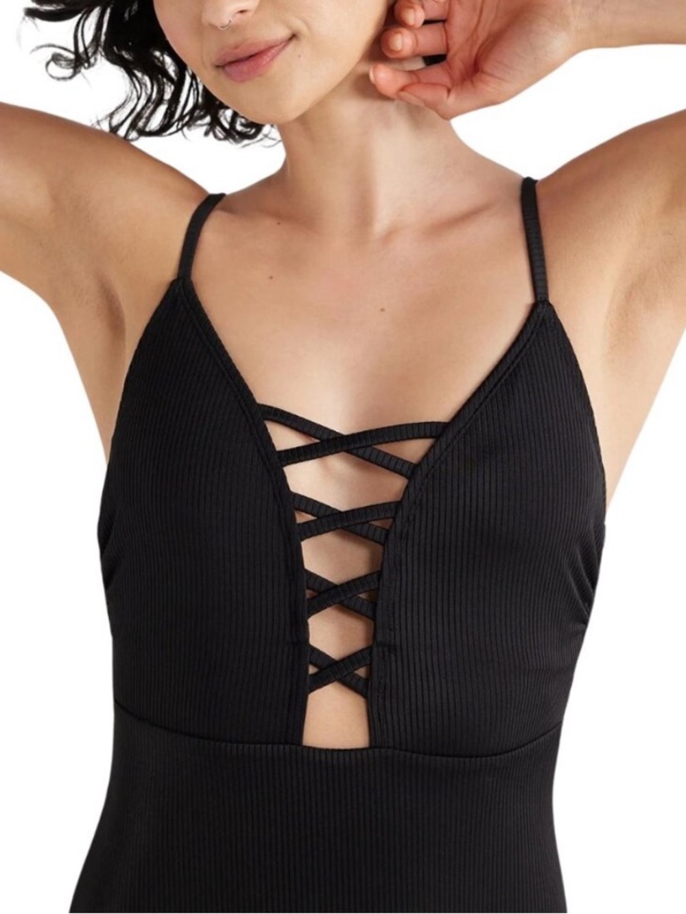 Plunge ribbed one piece swim suit XS